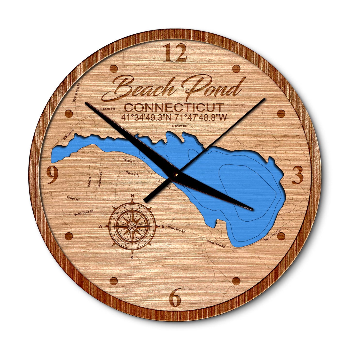 Beach Pond, Connecticut 14in Layered Map Clock - Any Lake, Pond, or Reservoir - Unique Home Decor