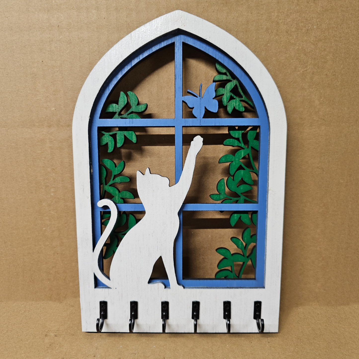 Layered Curious Cat Wooden Key Holder/Hanger – Laser Cut Floral Wall Organizer, Nature-Inspired Entryway Decor