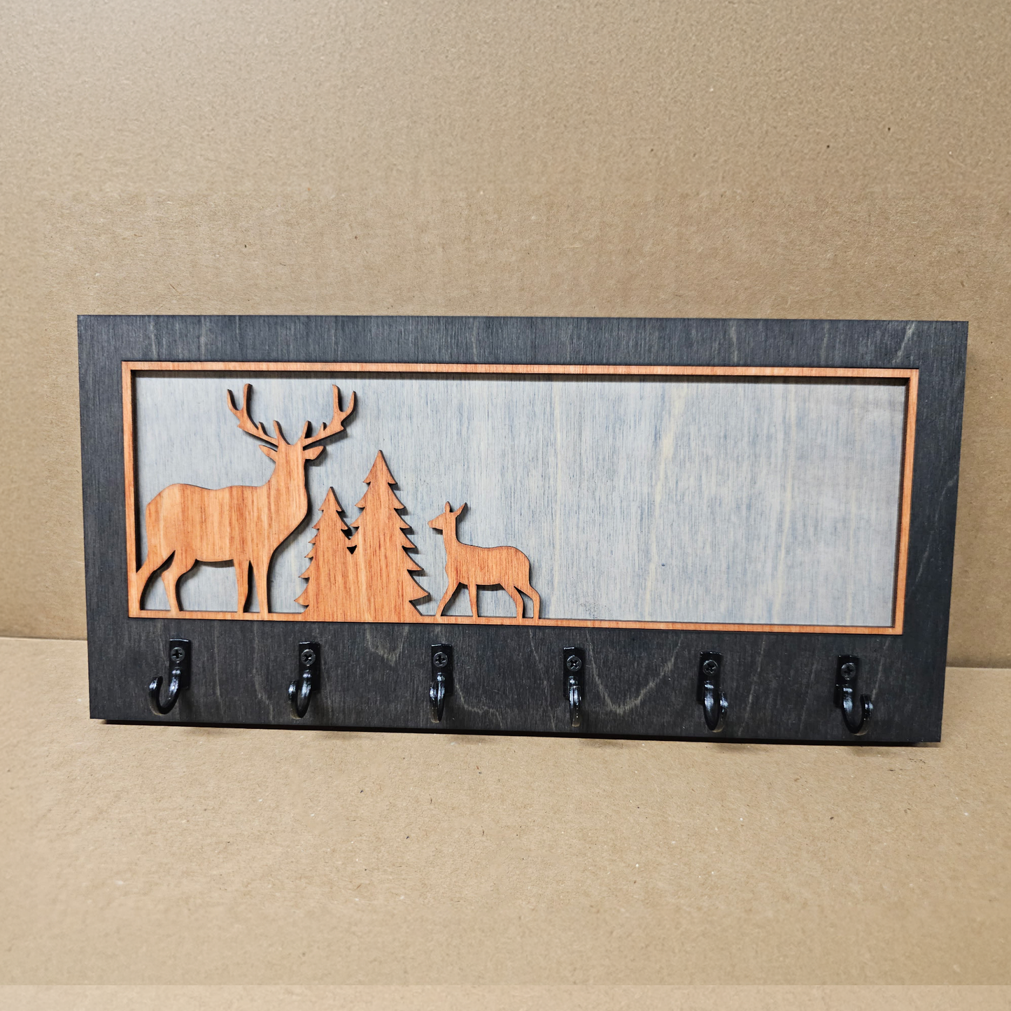 Rustic Deer and Pine Tree Wooden Key Holder/Hanger – Laser Cut Wildlife Wall Organizer for Cabin or Lodge Decor
