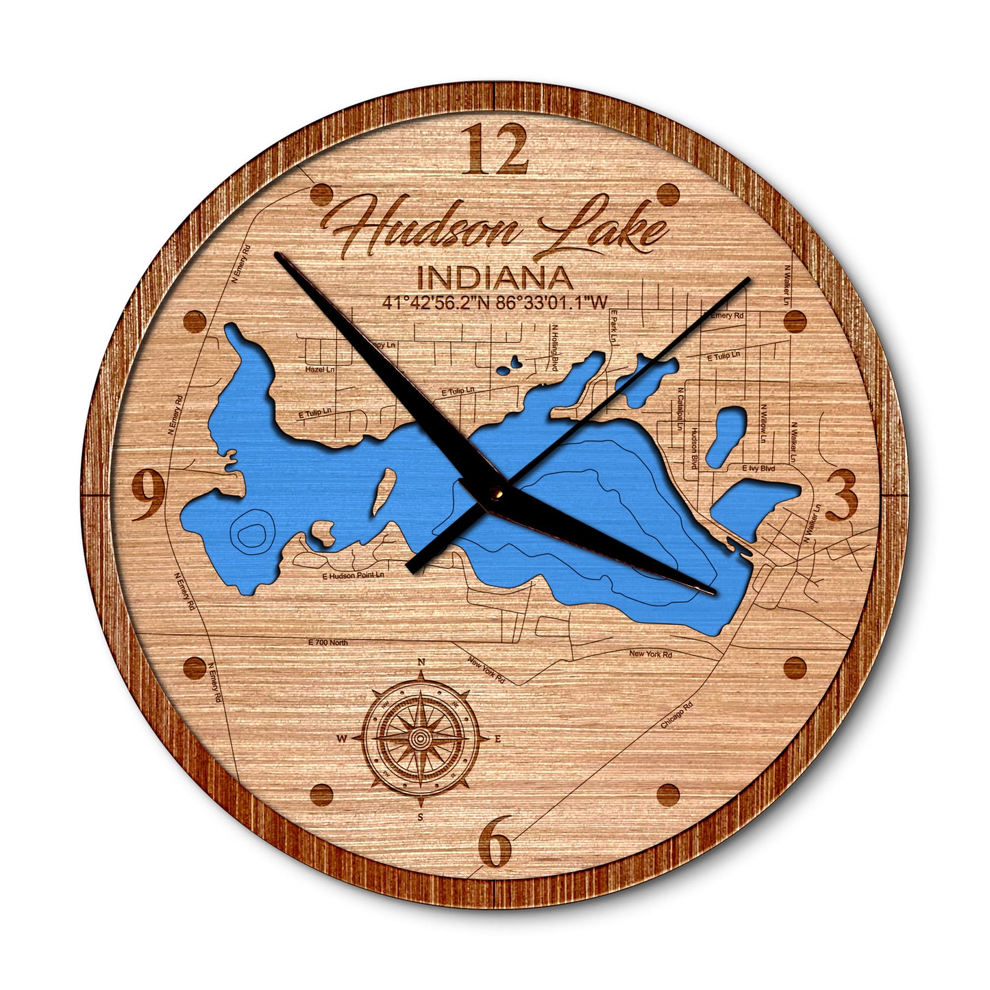 Hudson Lake, Indiana 14in Layered Map Clock - Any Lake, Pond, or Reservoir - Unique Home Decor