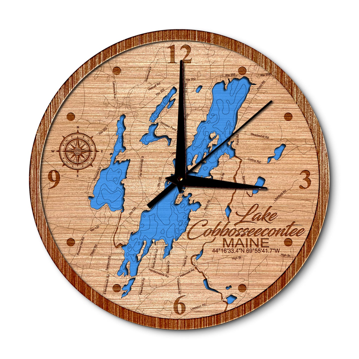 Lake Cobbosseecontee, Maine 14in Layered Map Clock - Any Lake, Pond, or Reservoir - Unique Home Decor