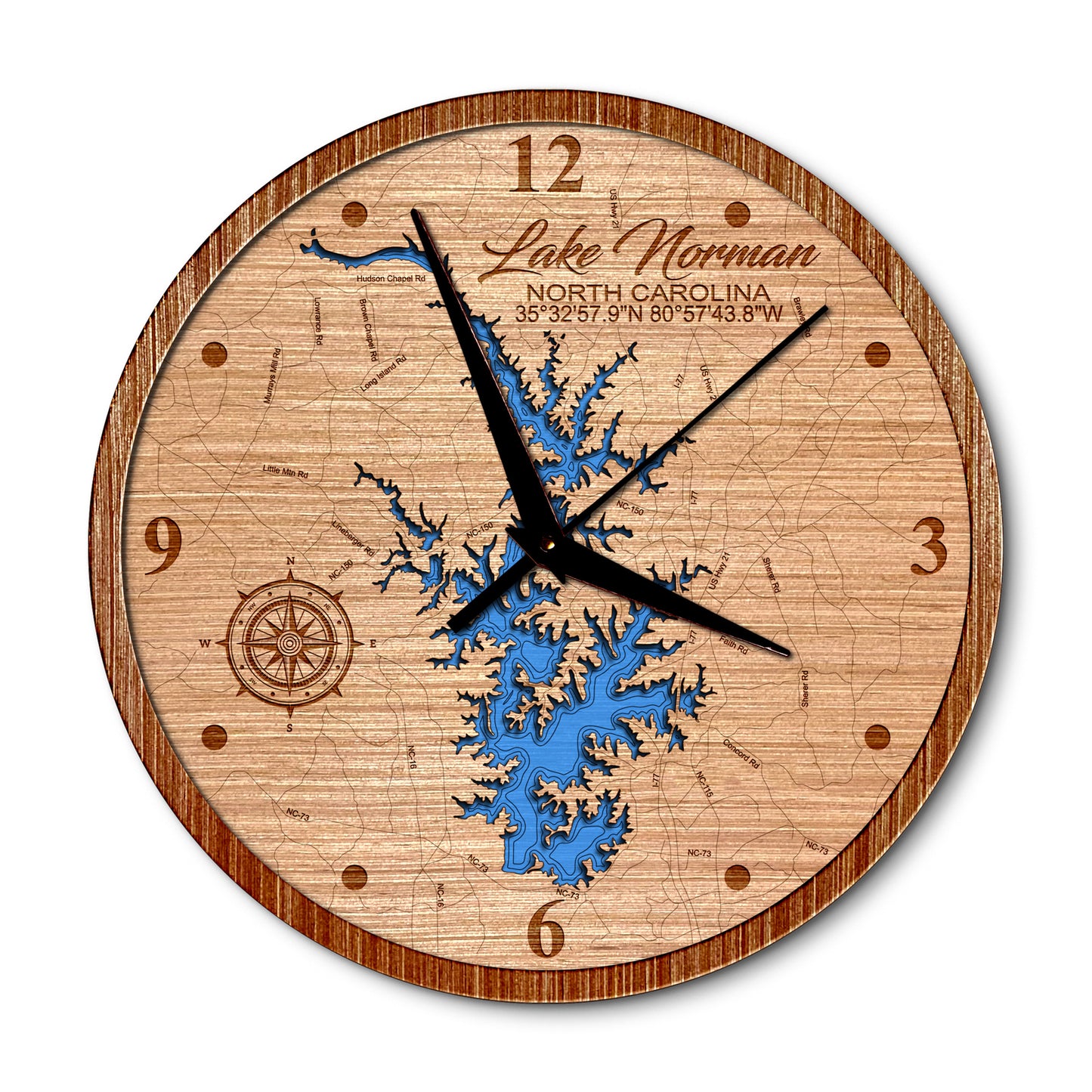 Lake Norman, North Carolina 14in Layered Map Clock - Any Lake, Pond, or Reservoir - Unique Home Decor