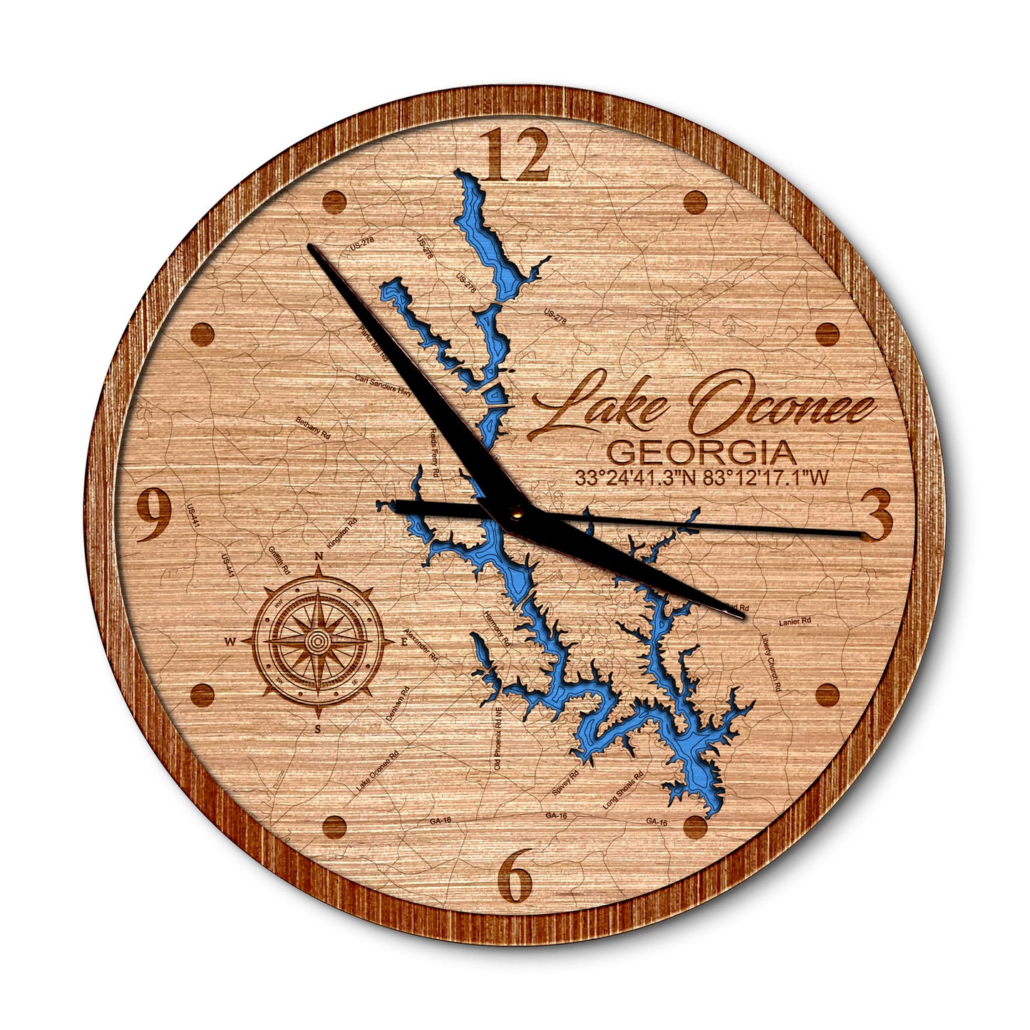 Lake Oconee, Georgia 14in Layered Map Clock - Any Lake, Pond, or Reservoir - Unique Home Decor
