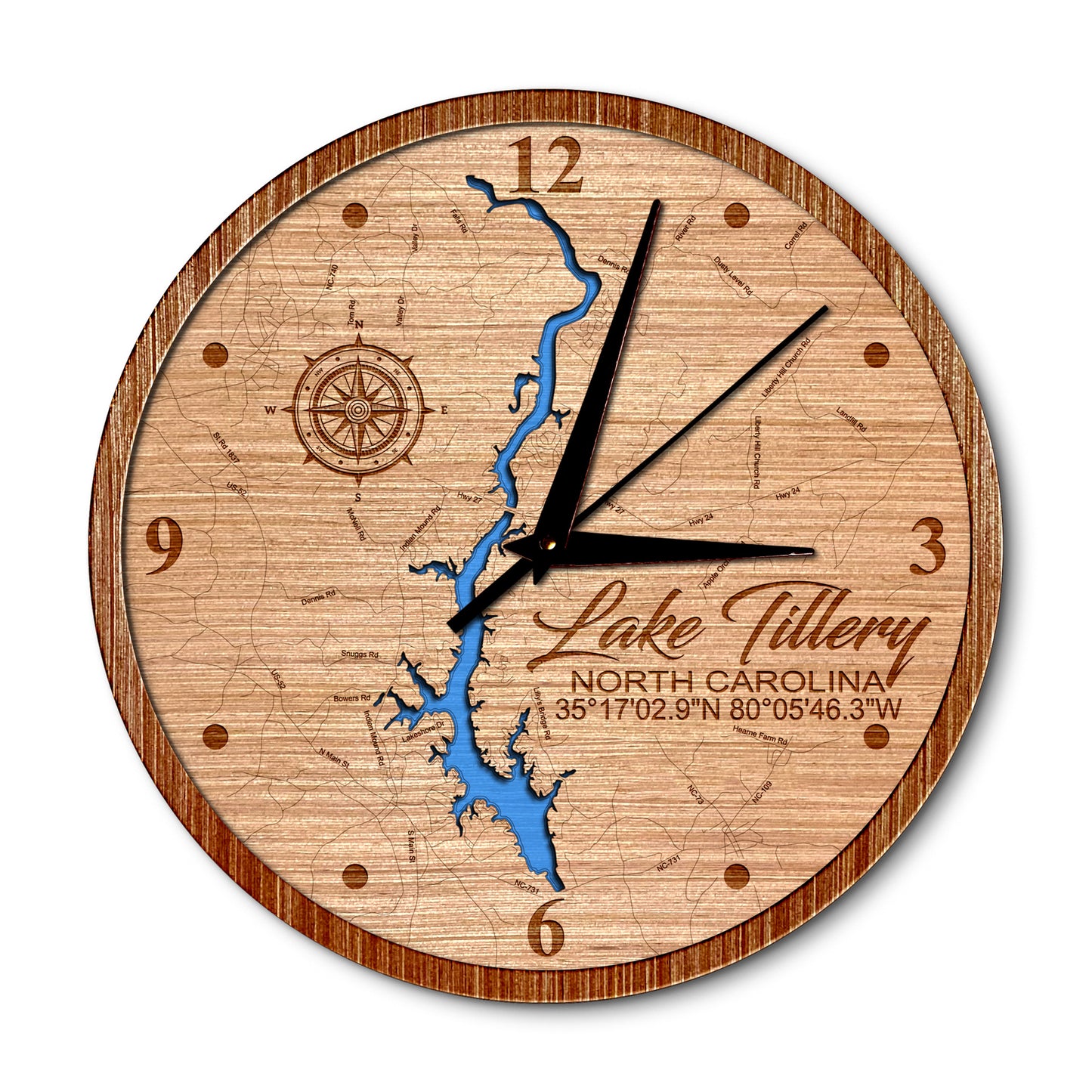 Lake Tillery, North Carolina 14in Layered Map Clock - Any Lake, Pond, or Reservoir - Unique Home Decor