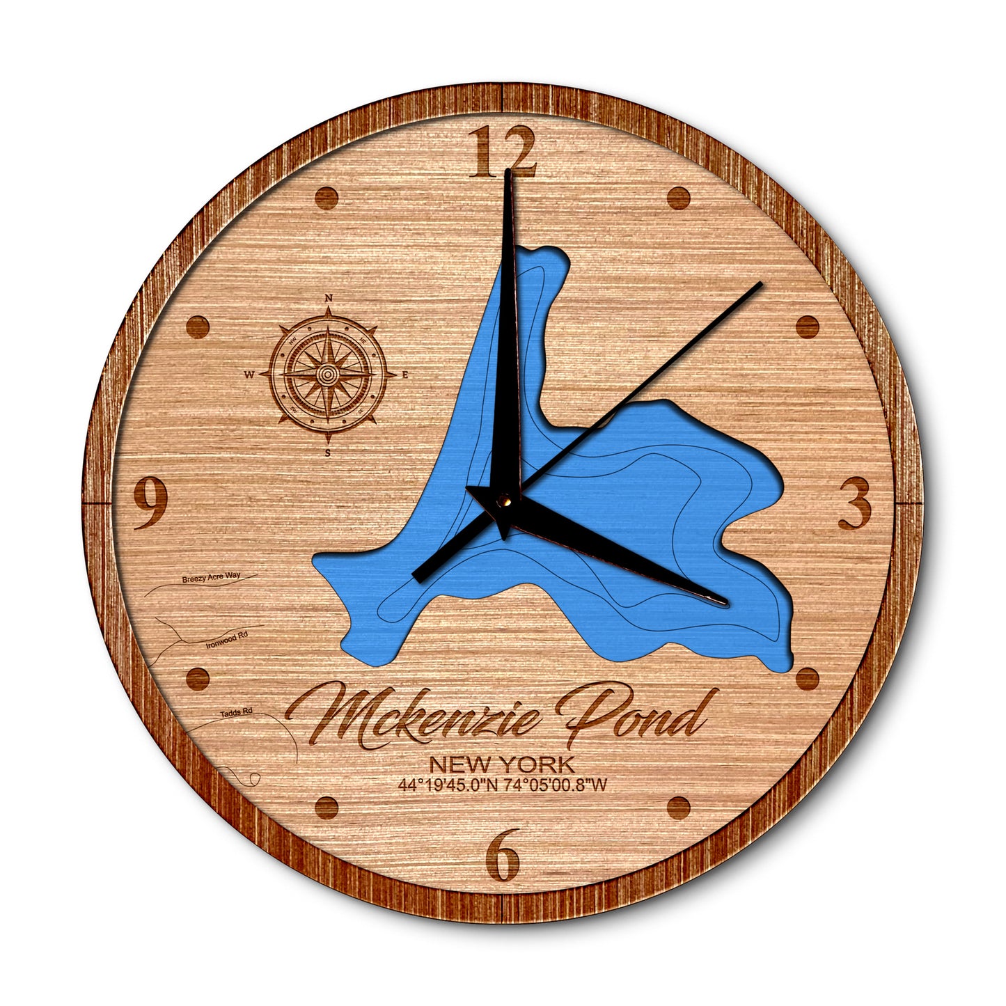 McKenzie Pond, New York 14in Layered Map Clock - Any Lake, Pond, or Reservoir - Unique Home Decor