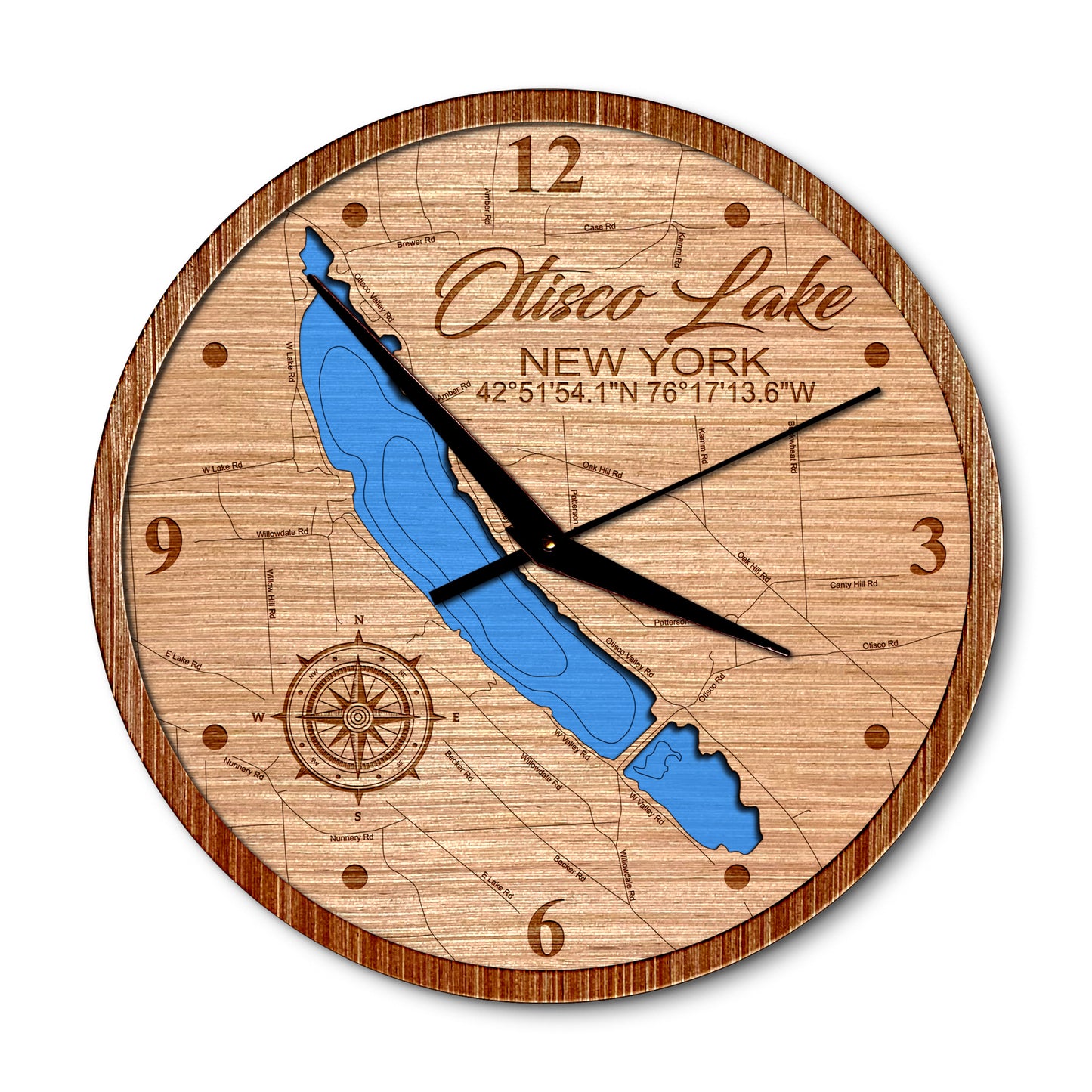 Otisco Lake, New York 14in Layered Map Clock - Any Lake, Pond, or Reservoir - Unique Home Decor