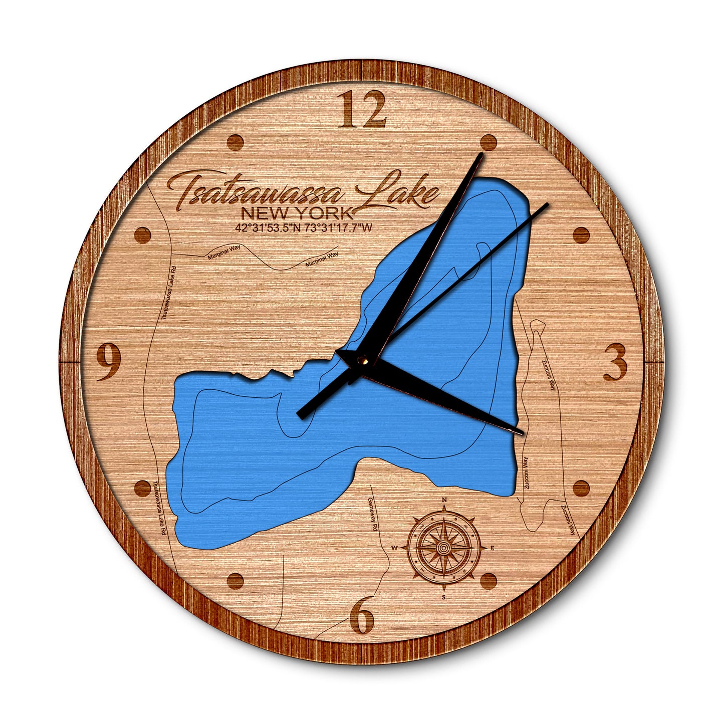 Tsatsawassa Lake, New York Layered Map Clock - Any Lake, Pond, or Reservoir - Unique Home Decor