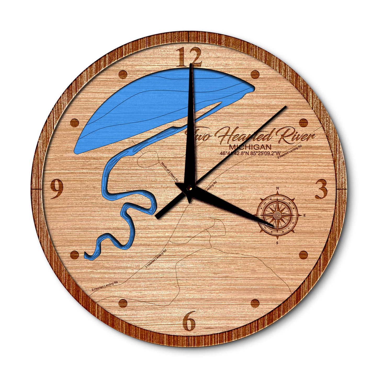 Two Hearted River, Michigan 14in Layered Map Clock - Any Lake, Pond, or Reservoir - Unique Home Decor