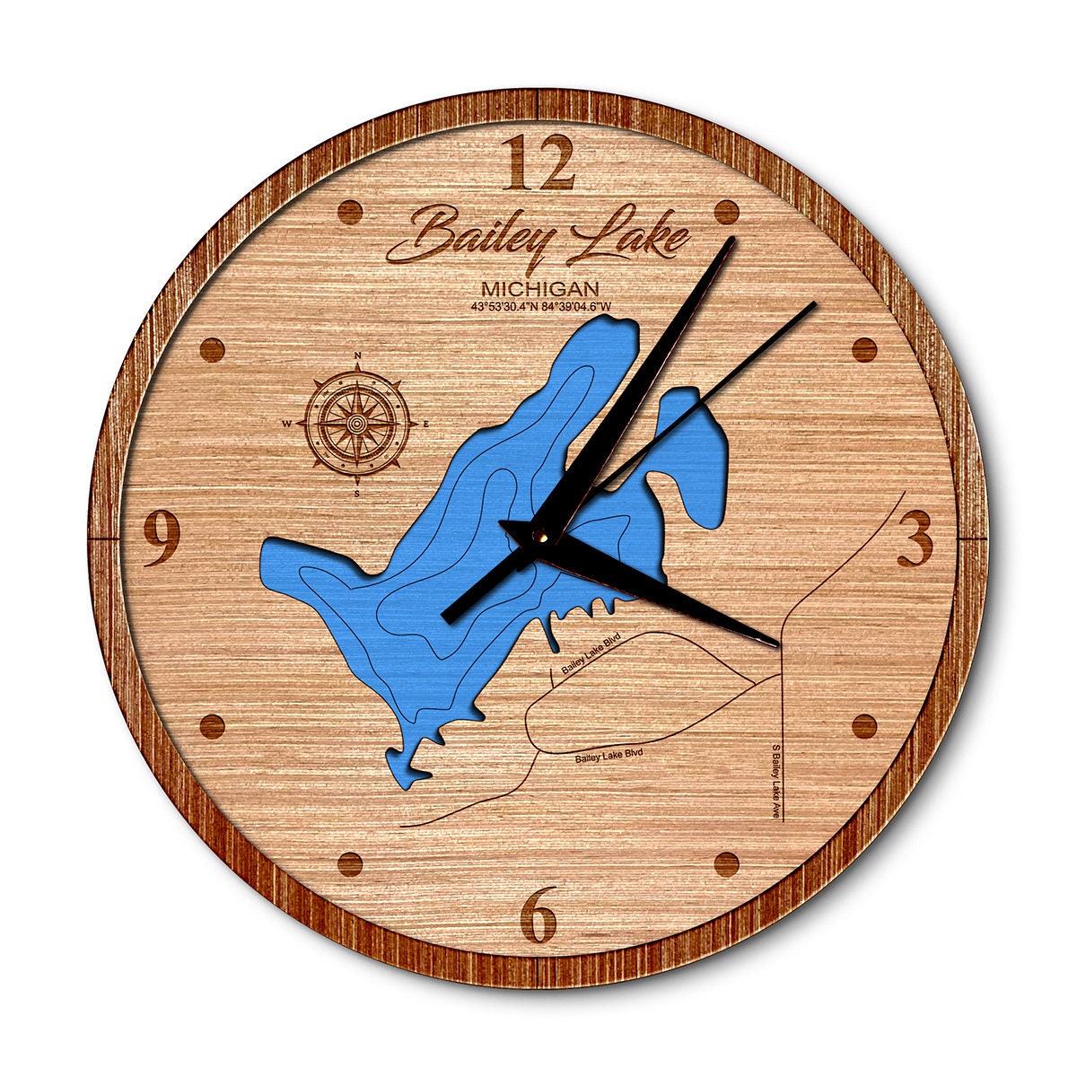 Bailey Lake in Michigan 3D topographical map clock. nautical clock. personalized lake map clock