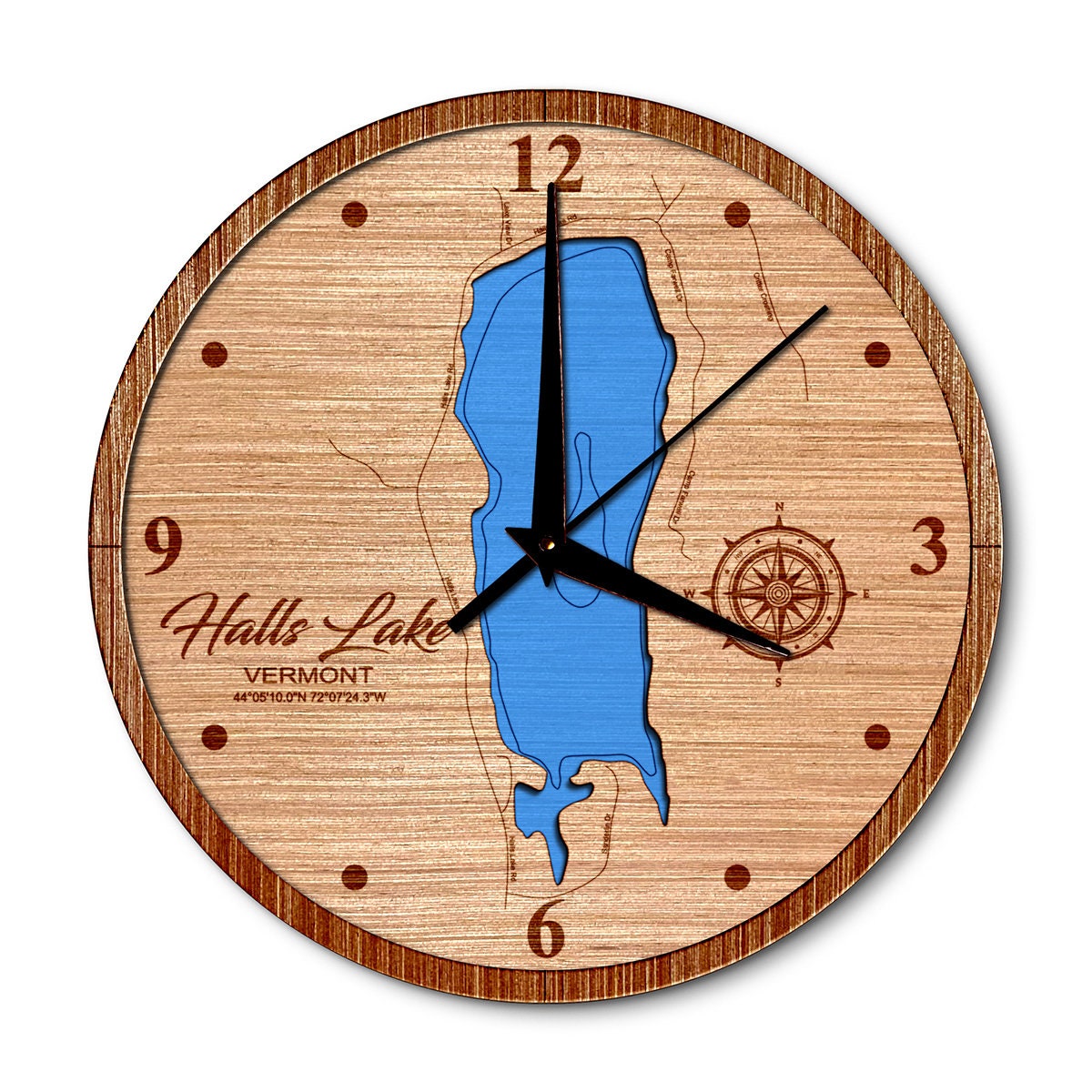 Halls Lake, Vermont Layered Map Clock - Any Lake, Pond, or Reservoir - Unique Home Decor