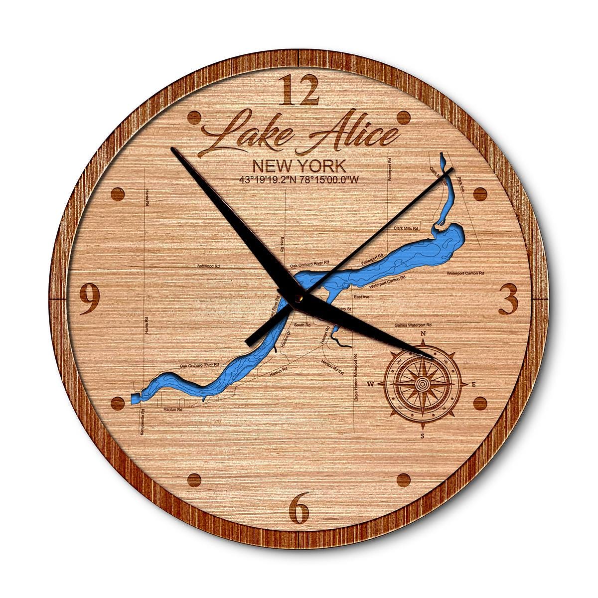 Lake Alice in Waterport, New York Layered Map Clock - Any Lake, Pond, or Reservoir - Unique Home Decor