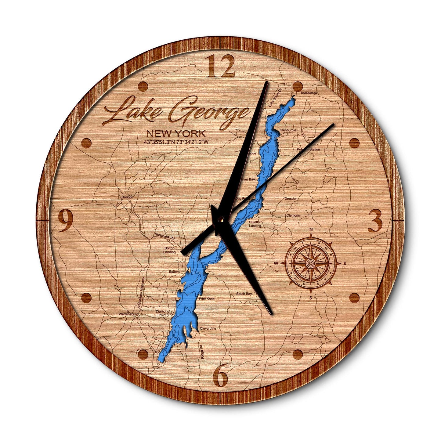 Lake George, New York Layered Map Clock - Any Lake, Pond, or Reservoir - Unique Home Decor