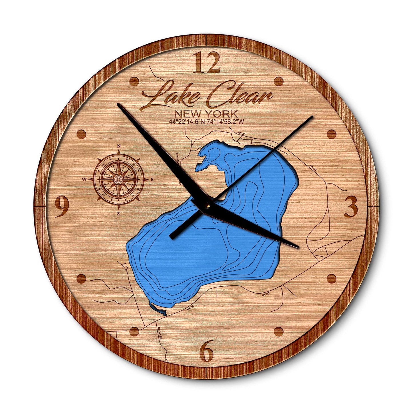 Lake Clear, New York Layered Map Clock - Any Lake, Pond, or Reservoir - Unique Home Decor