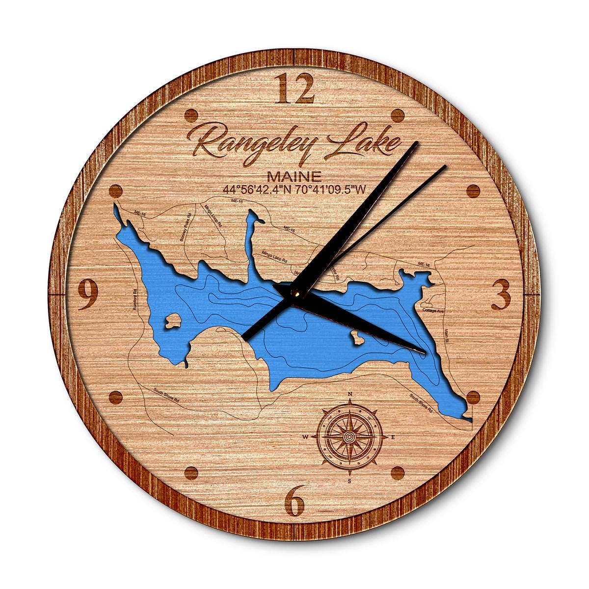 Rangeley Lake Maine Layered Map Clock - Any Lake, Pond, or Reservoir - Unique Home Decor