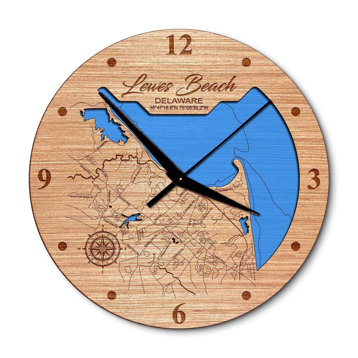 Lewes Beach Delaware Layered Map Clock - Any Lake, Pond, or Reservoir - Unique Home Decor