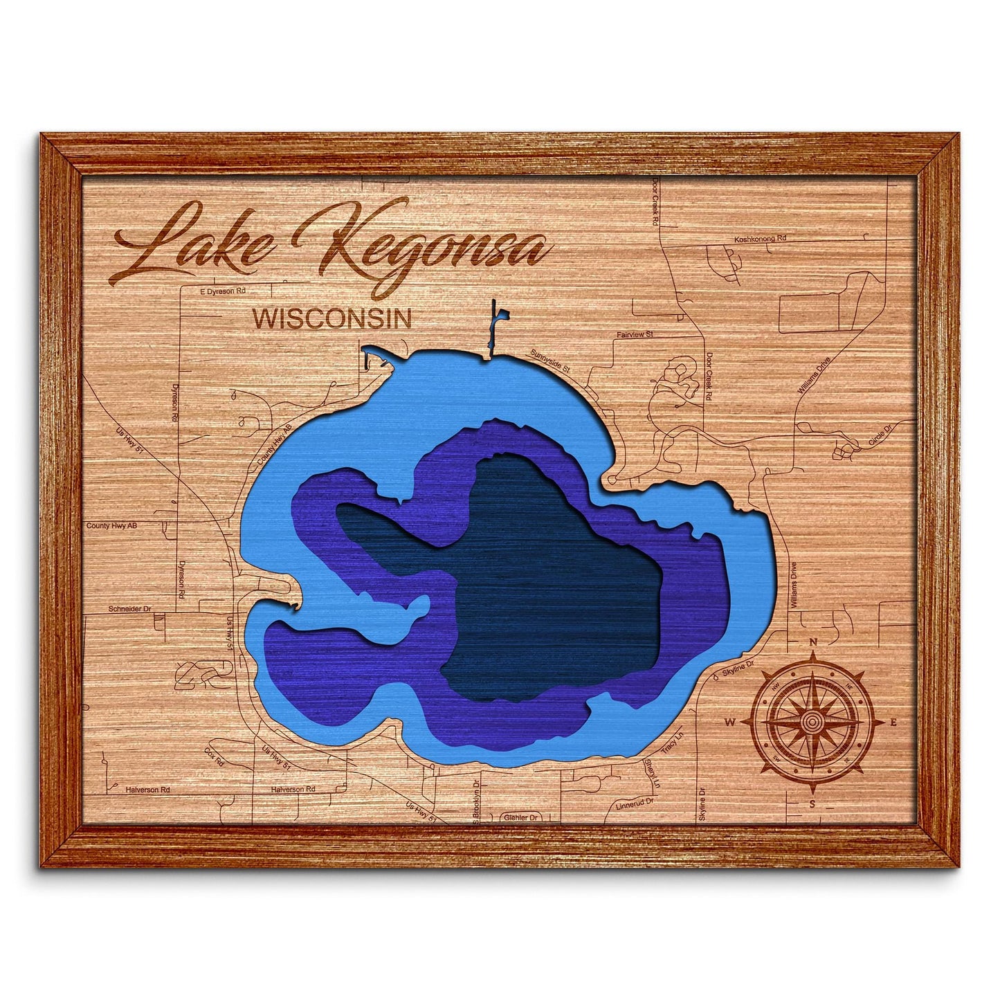 Lake Kegonsa, Wisconsin Depth Map - Any Lake, Pond, or Reservoir - Unique Home Decor, Wall Art