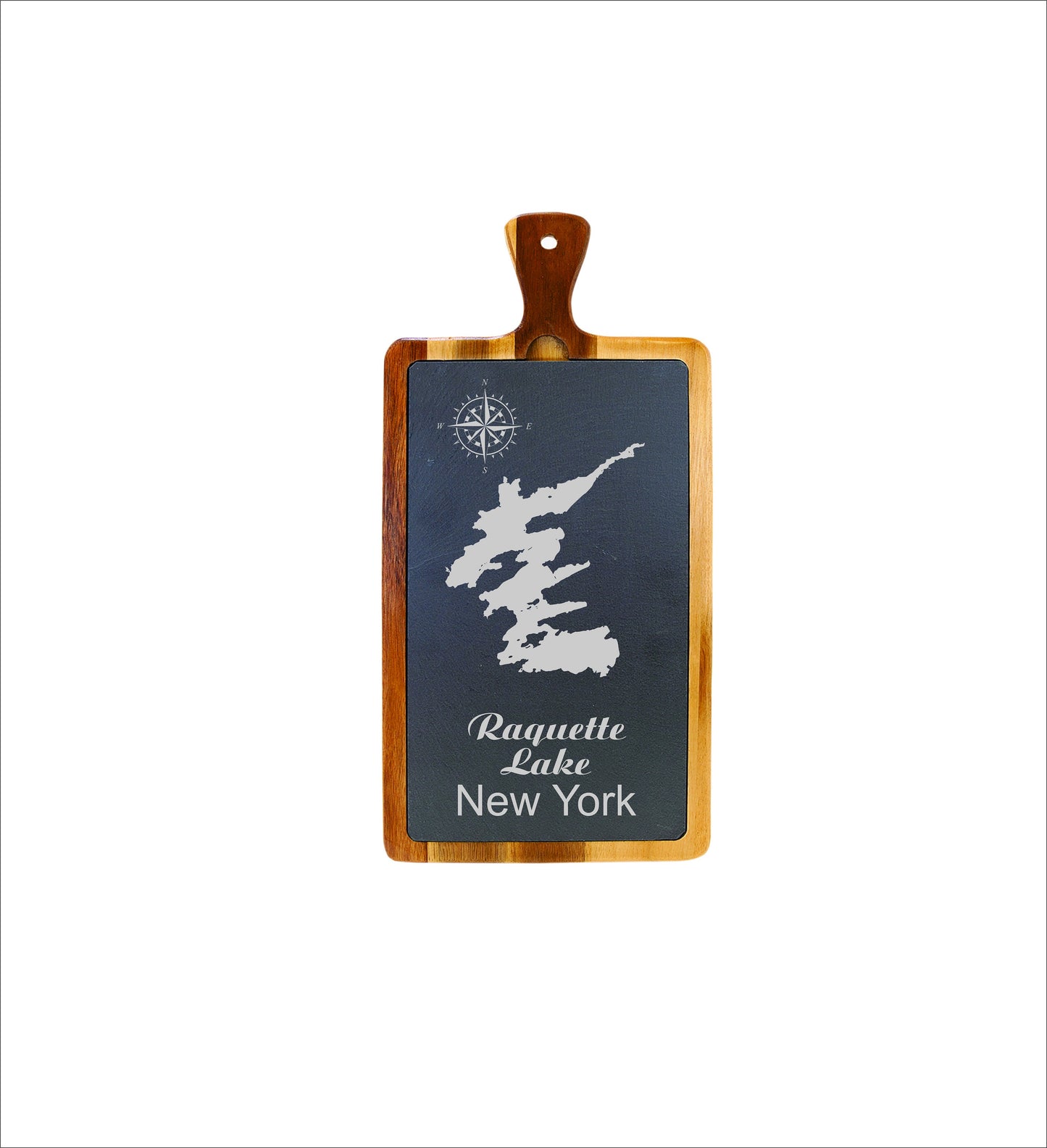 Raquette Lake slate and wood cutting board. Charcuterie board. Can be custom with and lake.