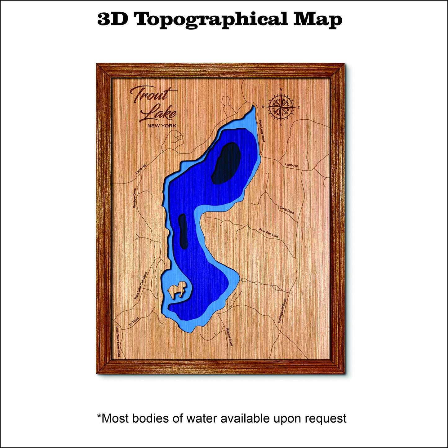 Trout Lake in New York 3D Topographical Map. lake map. lake house decor. custom lake map. wall art and wall decor