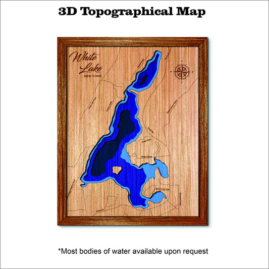 White Lake in New York 3D Topographical Map. Custom Lake Map. Lake House decor. Wall art and wall decor