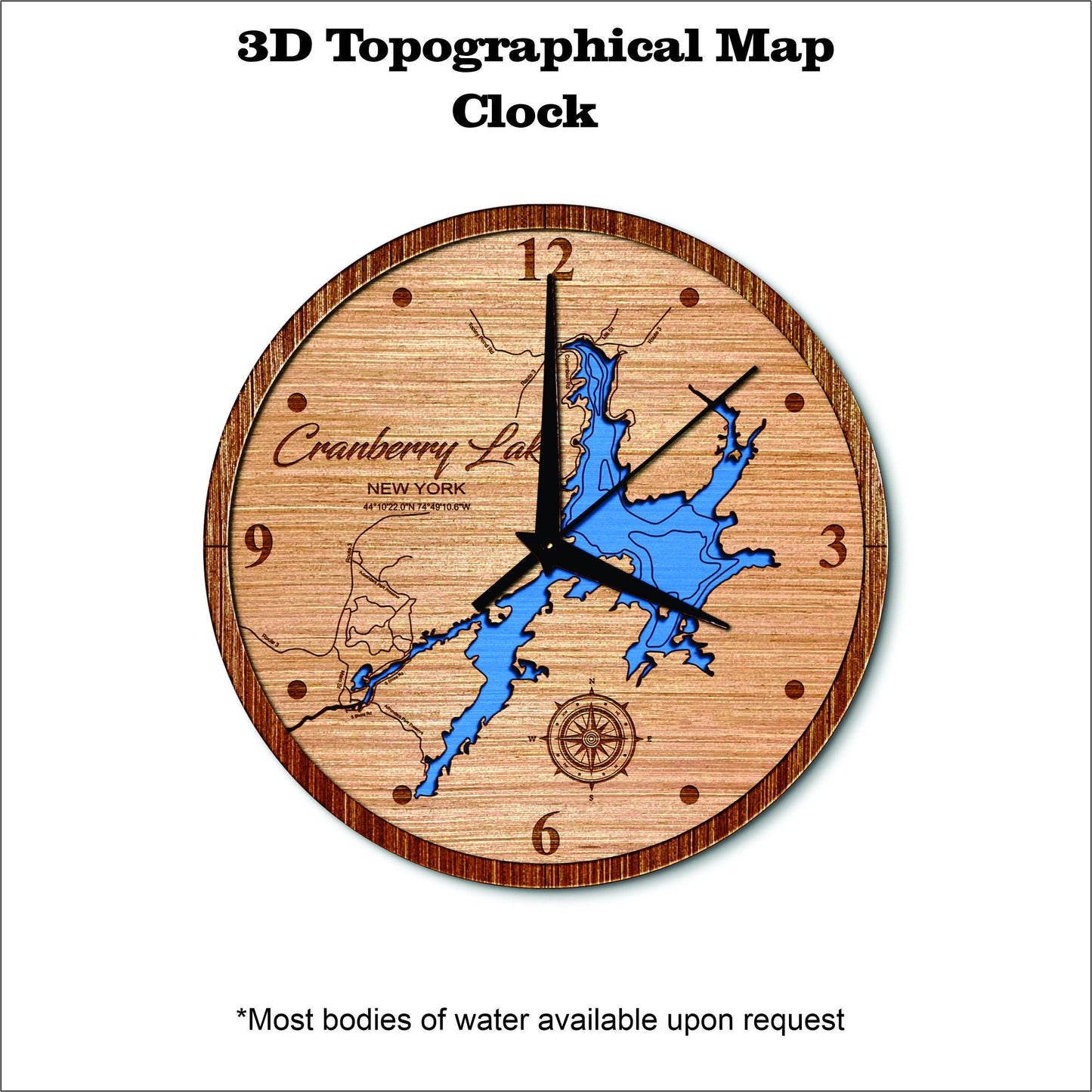 Cranberry Lake in New York 3D topographical map clock