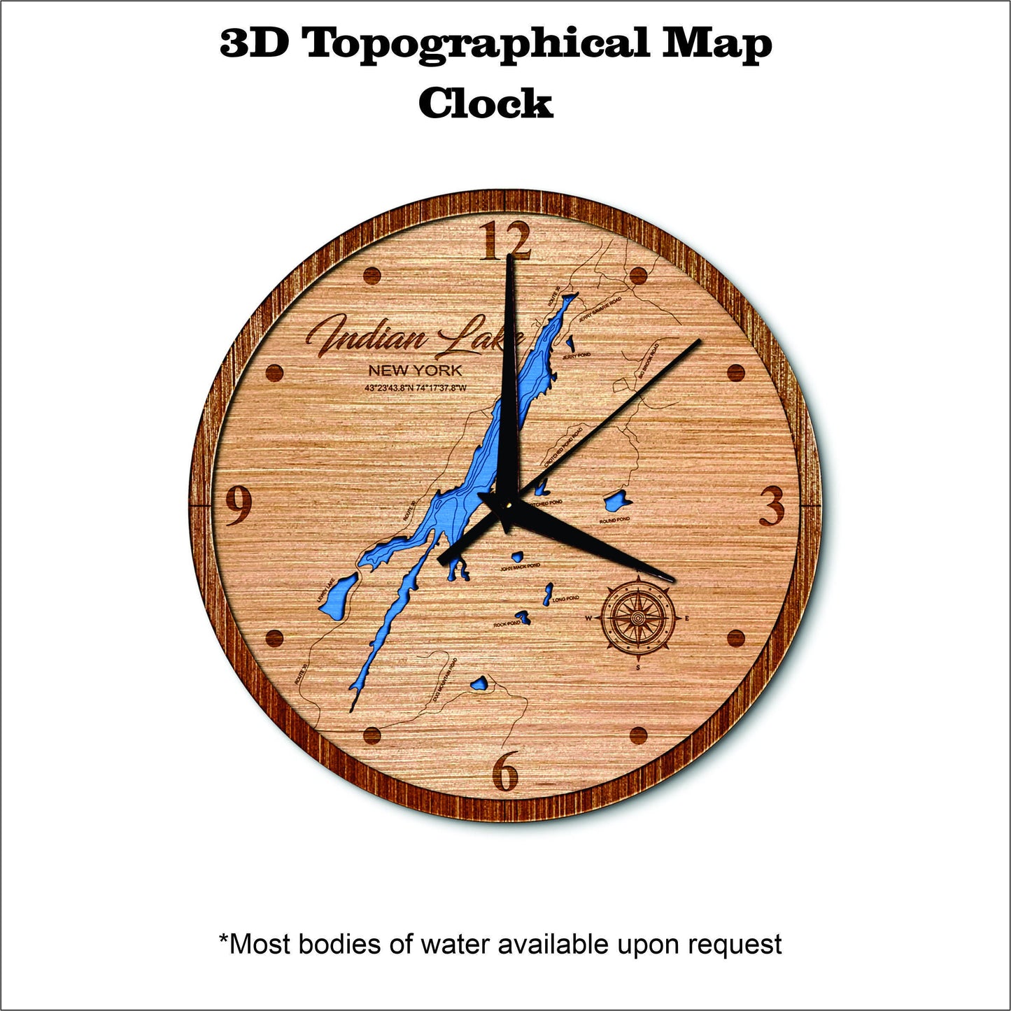 Indian Lake in New York 3D topographical map clock