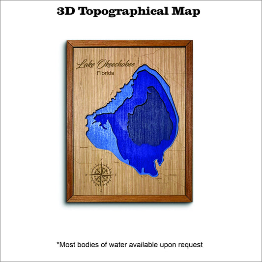 Lake Okeechobee 3D topographical map, lake map, custom lake map, custom lake map, lake art, wall decor