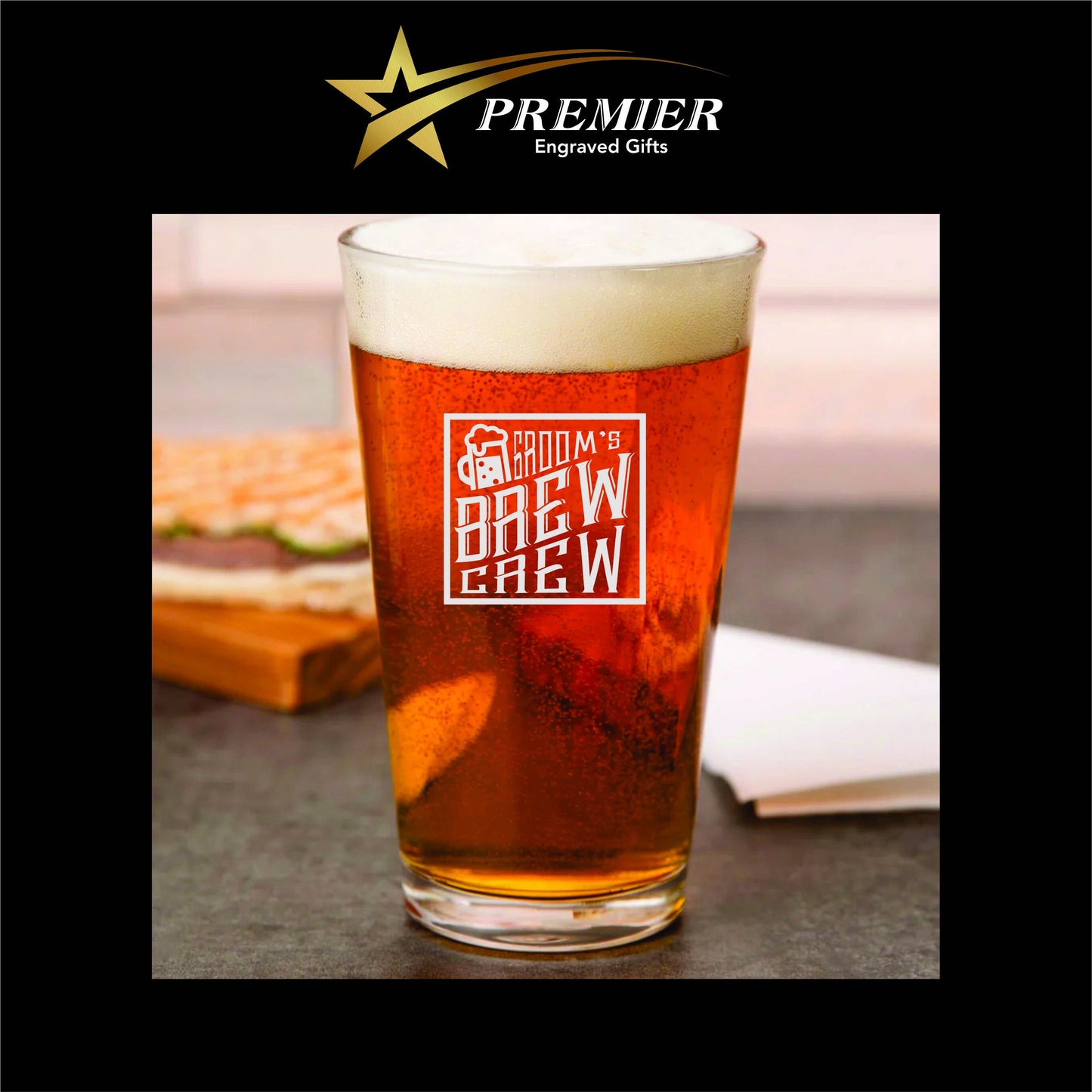 Custom Wedding (Groom's brew crew) Pint Glass. Laser engraved. great for wedding