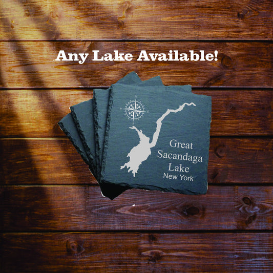 Great Sacandaga Lake Slate coasters. Set of 4! FREE SHIPPING. Great for the lake house or cabin, fishing spot, or camping