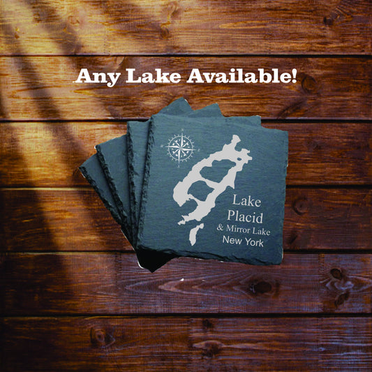 Lake Placid and Mirror lake Slate coasters. Set of 4! FREE SHIPPING. Great for the lake house or cabin, fishing spot, or camping