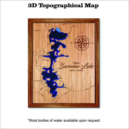 Upper Saranac Lake in New York 3D Topographical Map. custom lake map. lake house decor. wall art and wall decor