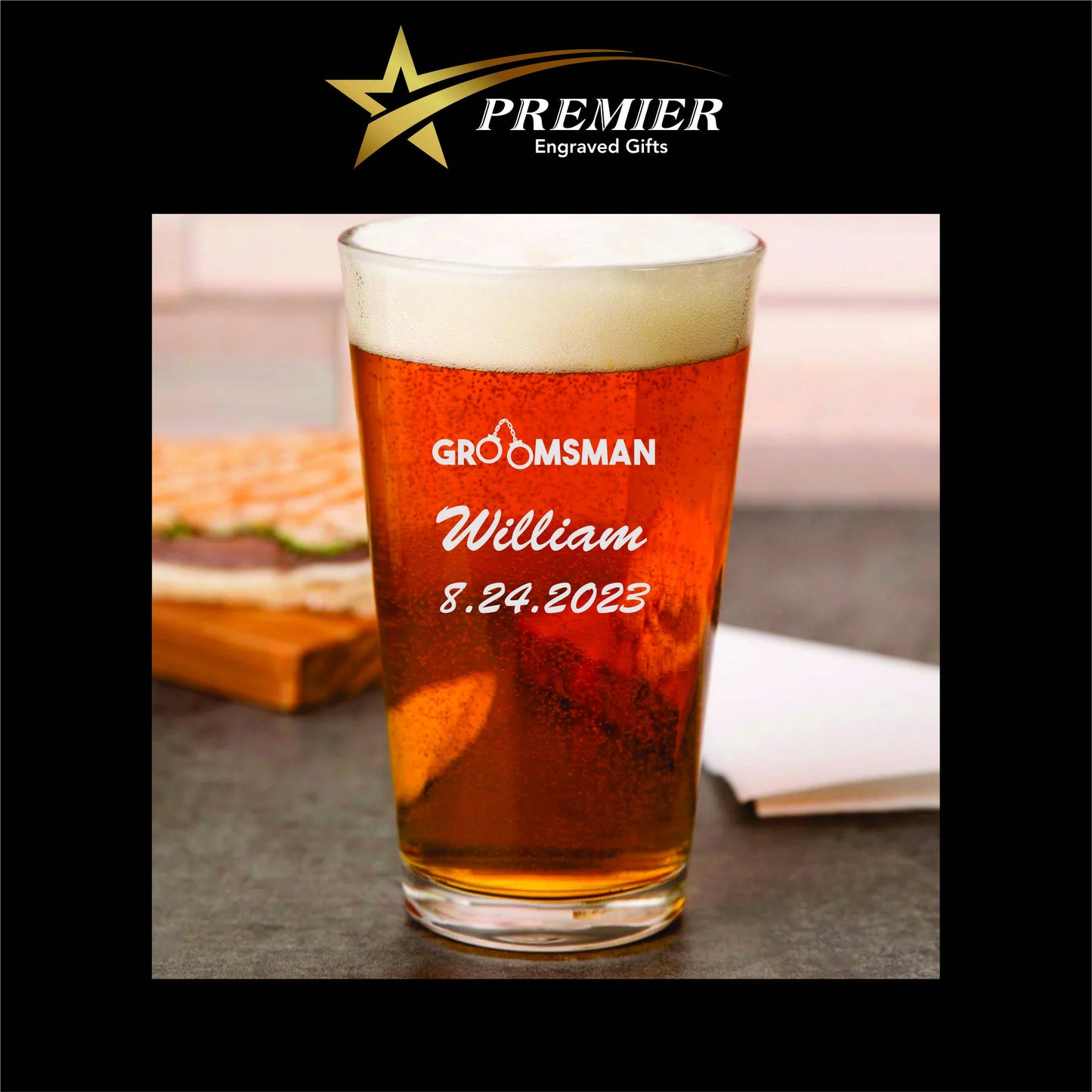 Custom Groomsman Pint Glass. Laser engraved. great for wedding