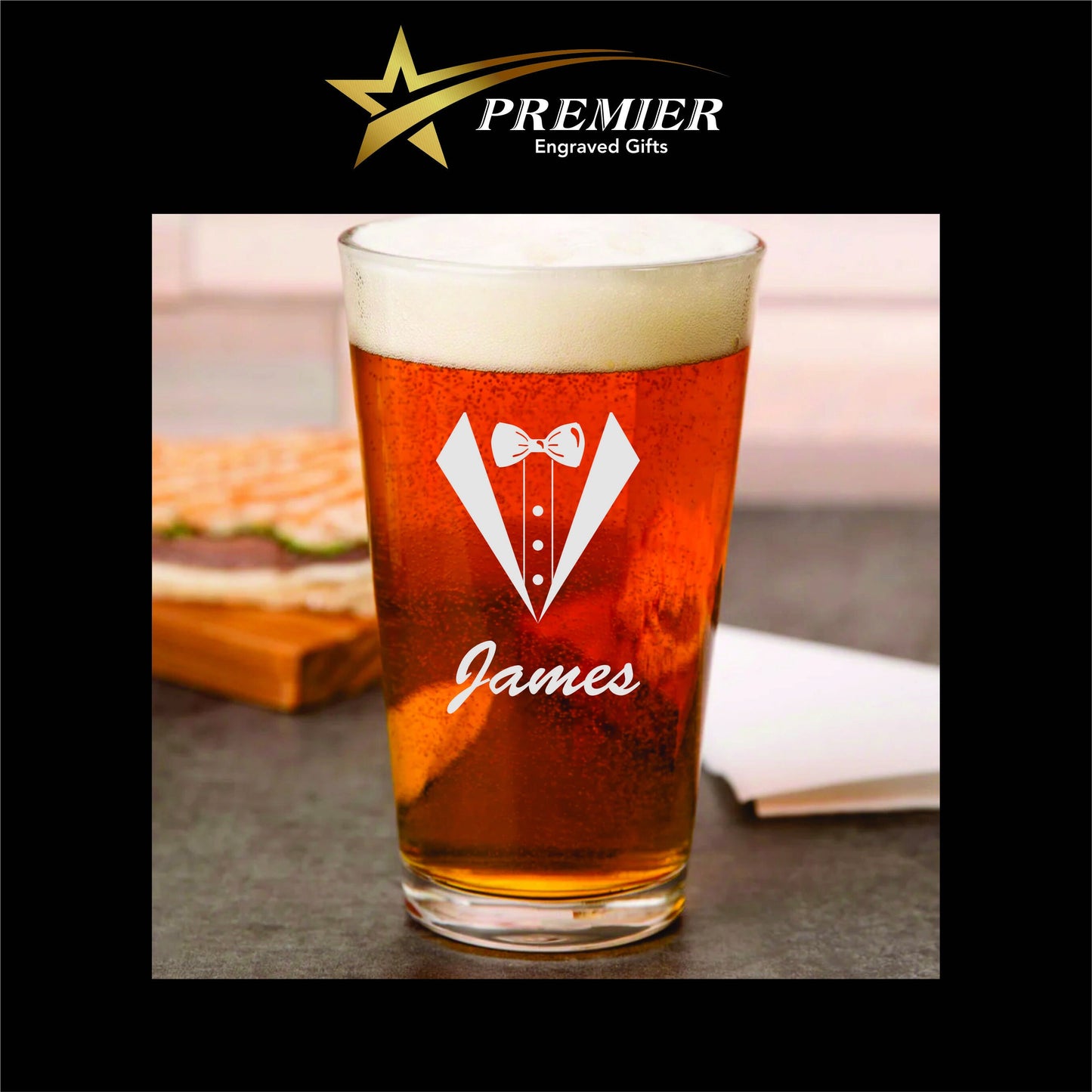 Custom Tuxedo Pint Glass. Laser engraved. great for wedding