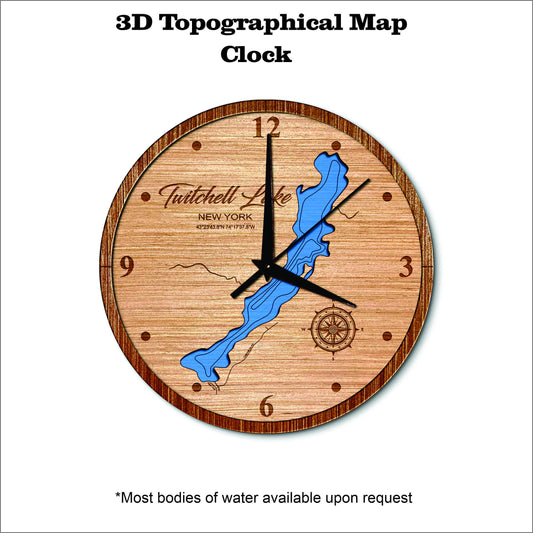 Twitchell Lake in New York 3D topographical map clock