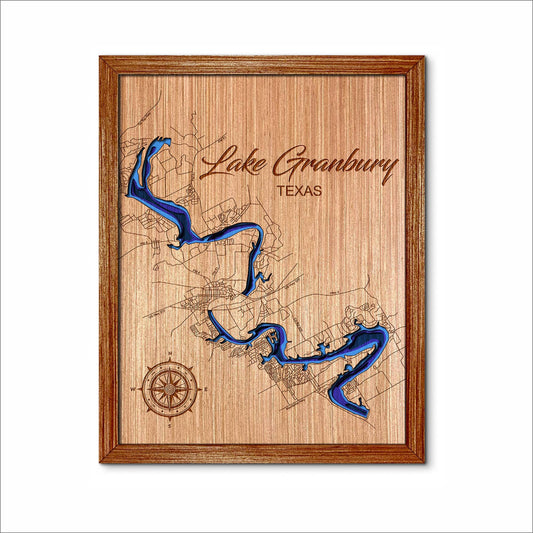 Lake Granbury in Texas 3D topographical map. Lake house decor.