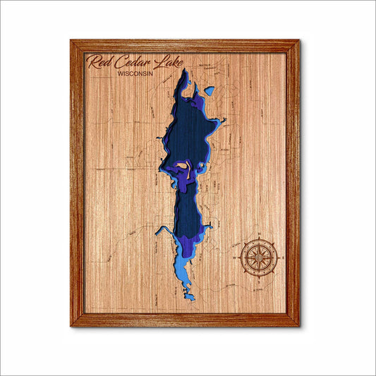 Red Cedar Lake in Wisconsin 3D Topographical Map. Lake house decor.