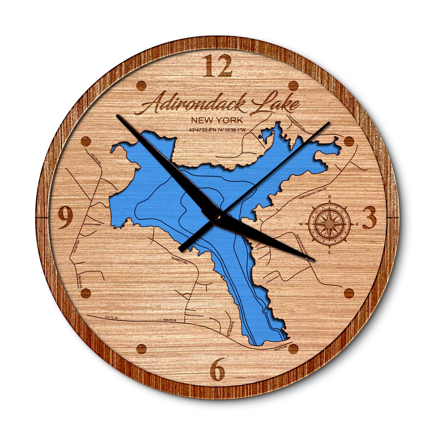 Adirondack Lake, New York Layered Map Clock - Any Lake, Pond, or Reservoir - Unique Home Decor