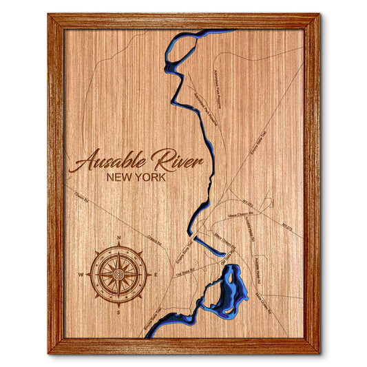 Ausable River, New York Depth Map - Any Lake, Pond, or Reservoir - Unique Home Decor, Wall Art