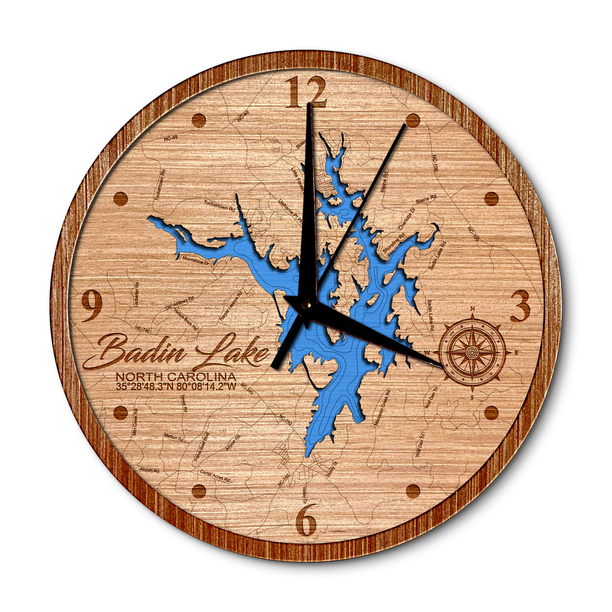 Badin Lake, North Carolina 14in Layered Map Clock - Any Lake, Pond, or Reservoir - Unique Home Decor