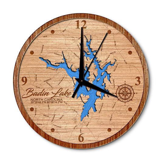 Badin Lake, North Carolina 14in Layered Map Clock - Any Lake, Pond, or Reservoir - Unique Home Decor