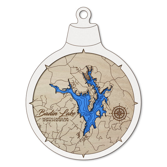Badin Lake, North Carolina Custom 3D Layered Wood Lake Map Ornament | Handcrafted Bathymetric Art