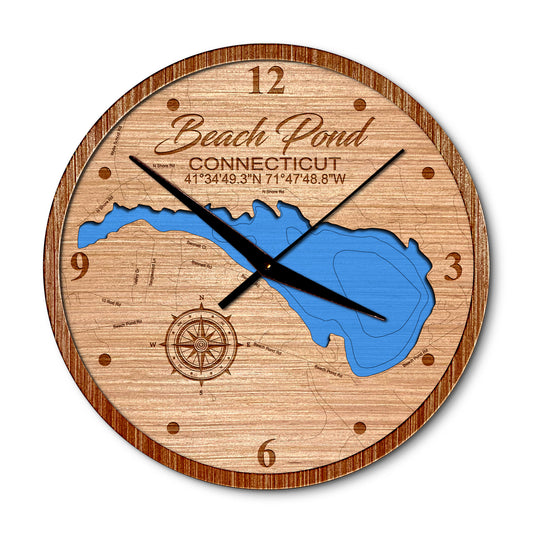 Beach Pond, Connecticut 14in Layered Map Clock - Any Lake, Pond, or Reservoir - Unique Home Decor