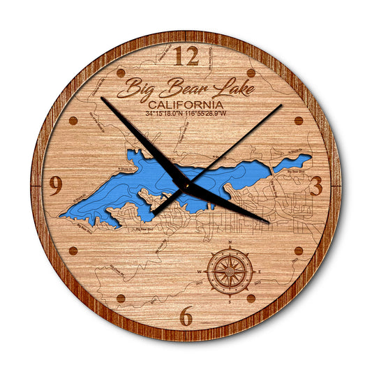 Big Bear Lake, California Layered Map Clock - Any Lake, Pond, or Reservoir - Unique Home Decor