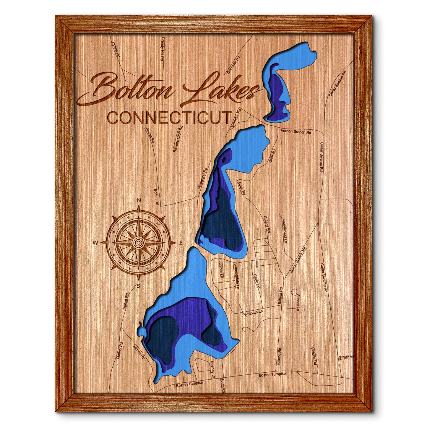 Bolton Lakes, Connecticut Depth Map - Any Lake, Pond, or Reservoir - Unique Home Decor, Wall Art