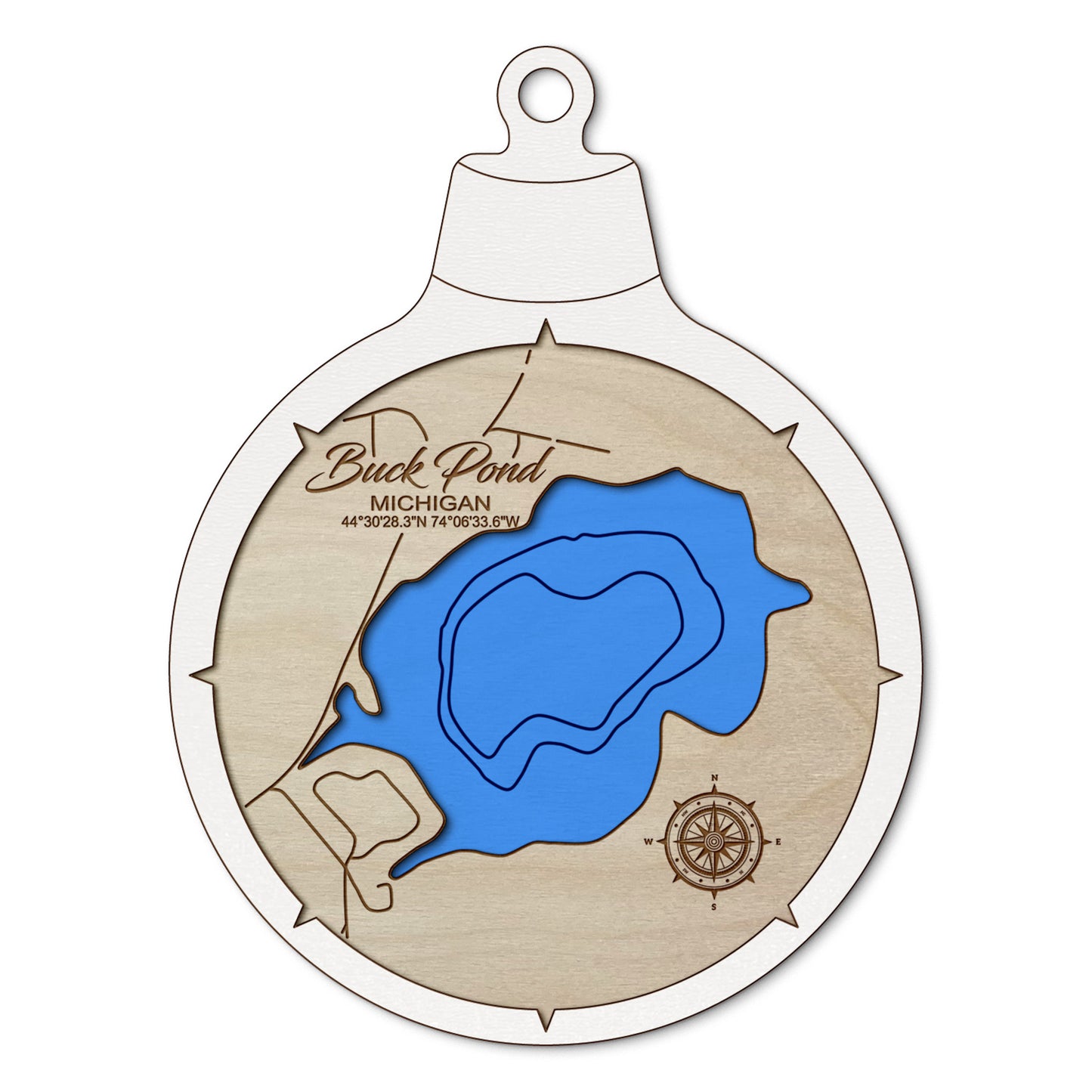 Buck Pond in Empire, Michigan Custom 3D Layered Wood Lake Map Ornament | Handcrafted Bathymetric Art