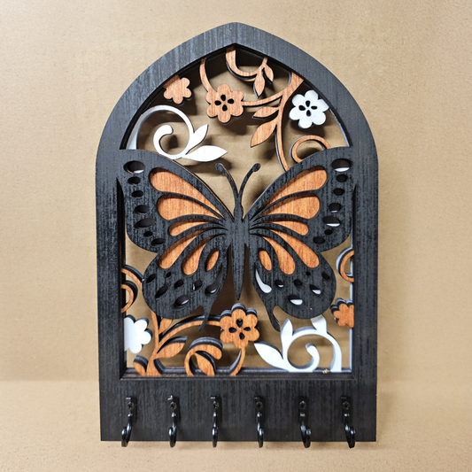 Layered Butterfly Wooden Key Holder – Laser Cut Floral Wall Organizer, Nature-Inspired Entryway Decor