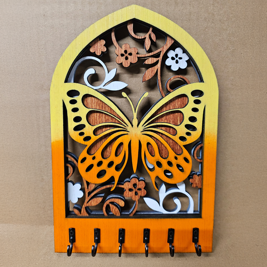 Layered Butterfly Wooden Key Holder/Hanger – Laser Cut Floral Wall Organizer, Nature-Inspired Entryway Decor