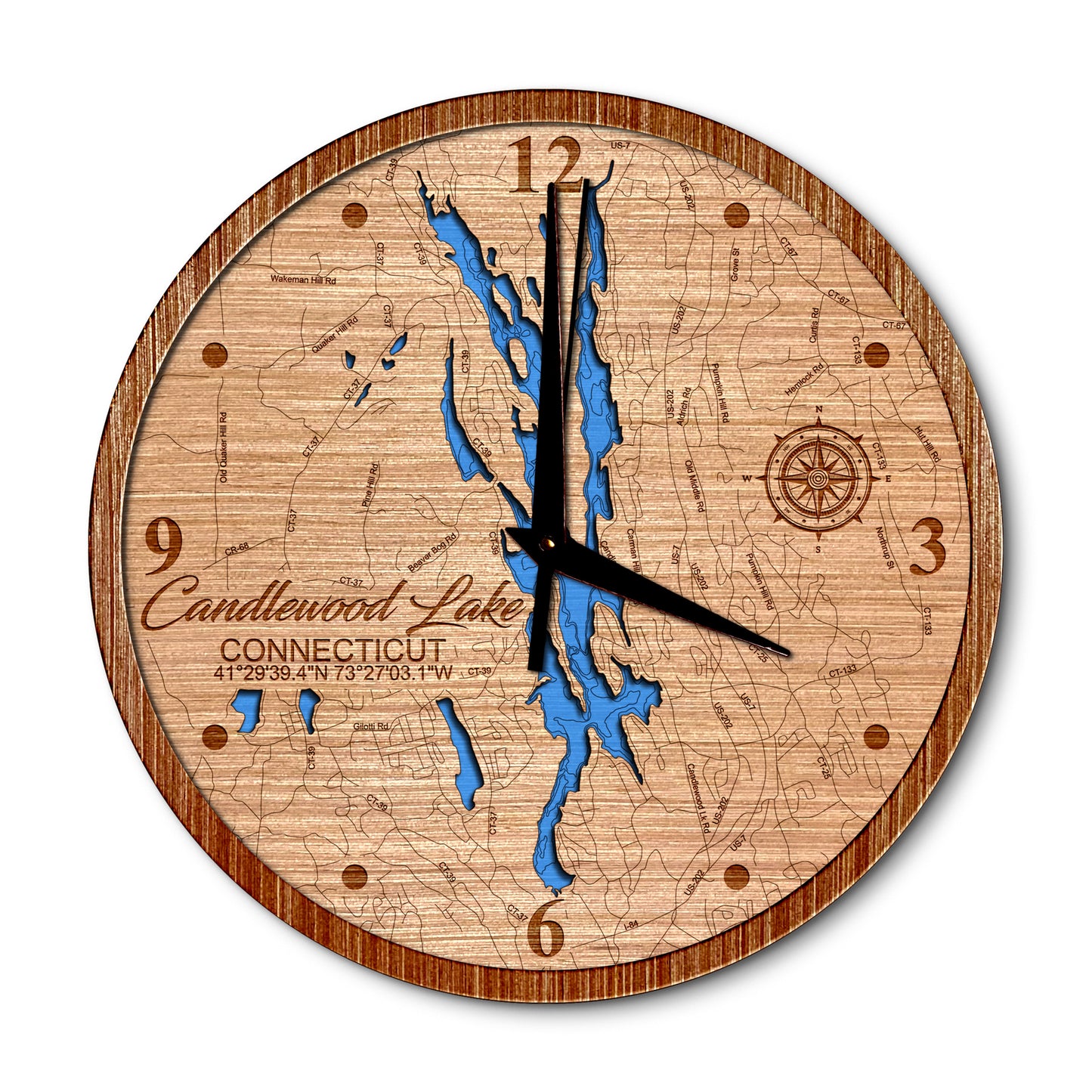 Candlewood Lake, Connecticut 14in Layered Map Clock - Any Lake, Pond, or Reservoir - Unique Home Decor
