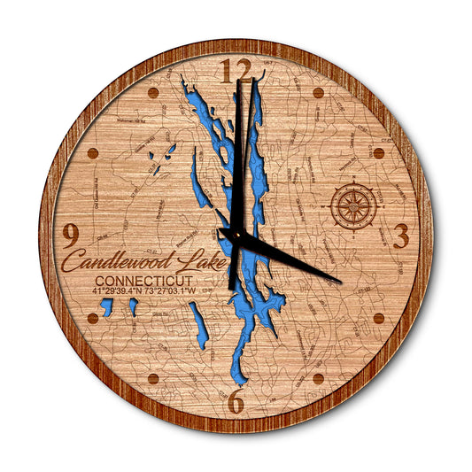 Candlewood Lake, Connecticut 14in Layered Map Clock - Any Lake, Pond, or Reservoir - Unique Home Decor