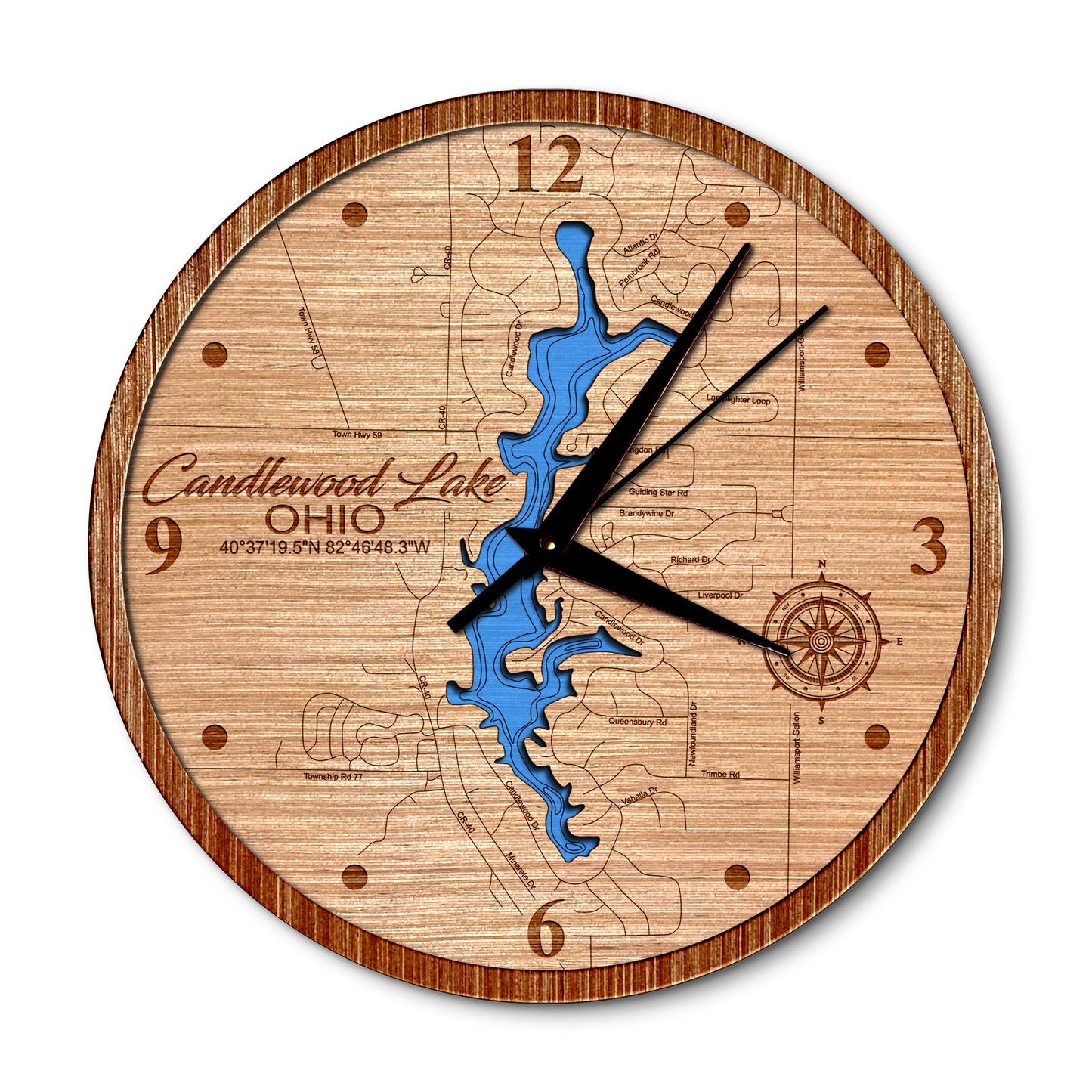 Candlewood Lake, Ohio 14in Layered Map Clock - Any Lake, Pond, or Reservoir - Unique Home Decor