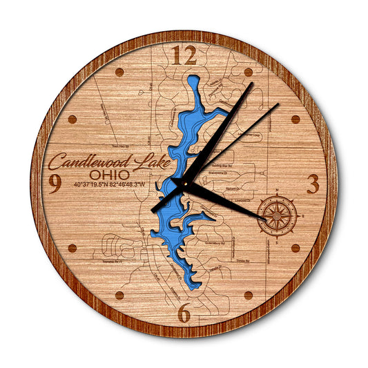 Candlewood Lake, Ohio 14in Layered Map Clock - Any Lake, Pond, or Reservoir - Unique Home Decor